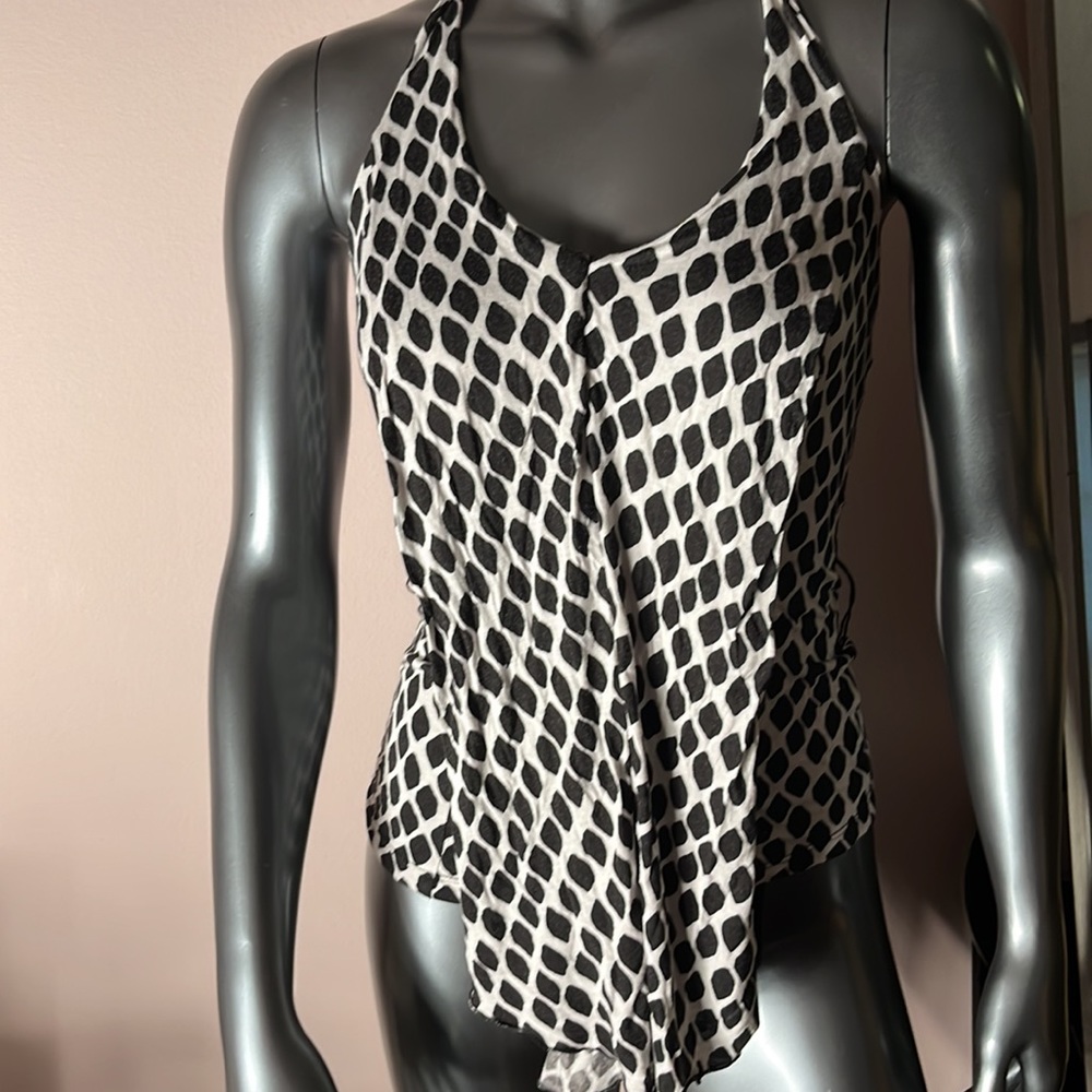 WHBM Women's Sleeveless Pleater Frill Print Halter Top Black & White Size XXS